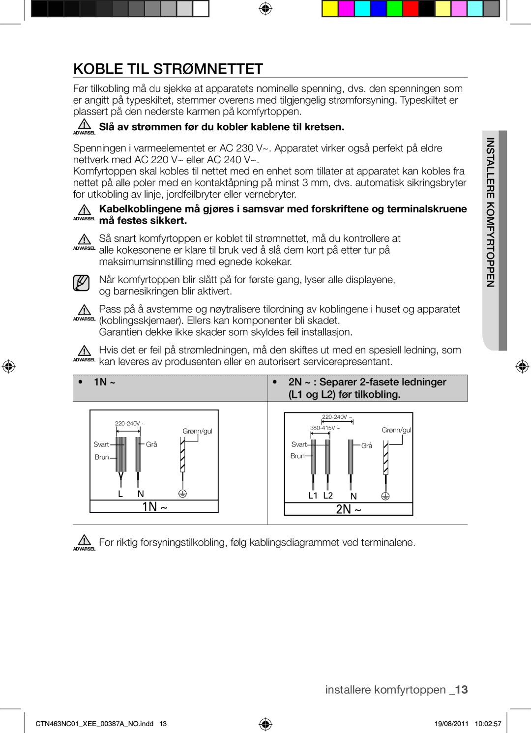 Samsung CTN463NC01/XEE manual Koble TIL Strømnettet, Slå av strømmen før du kobler kablene til kretsen, Installere 