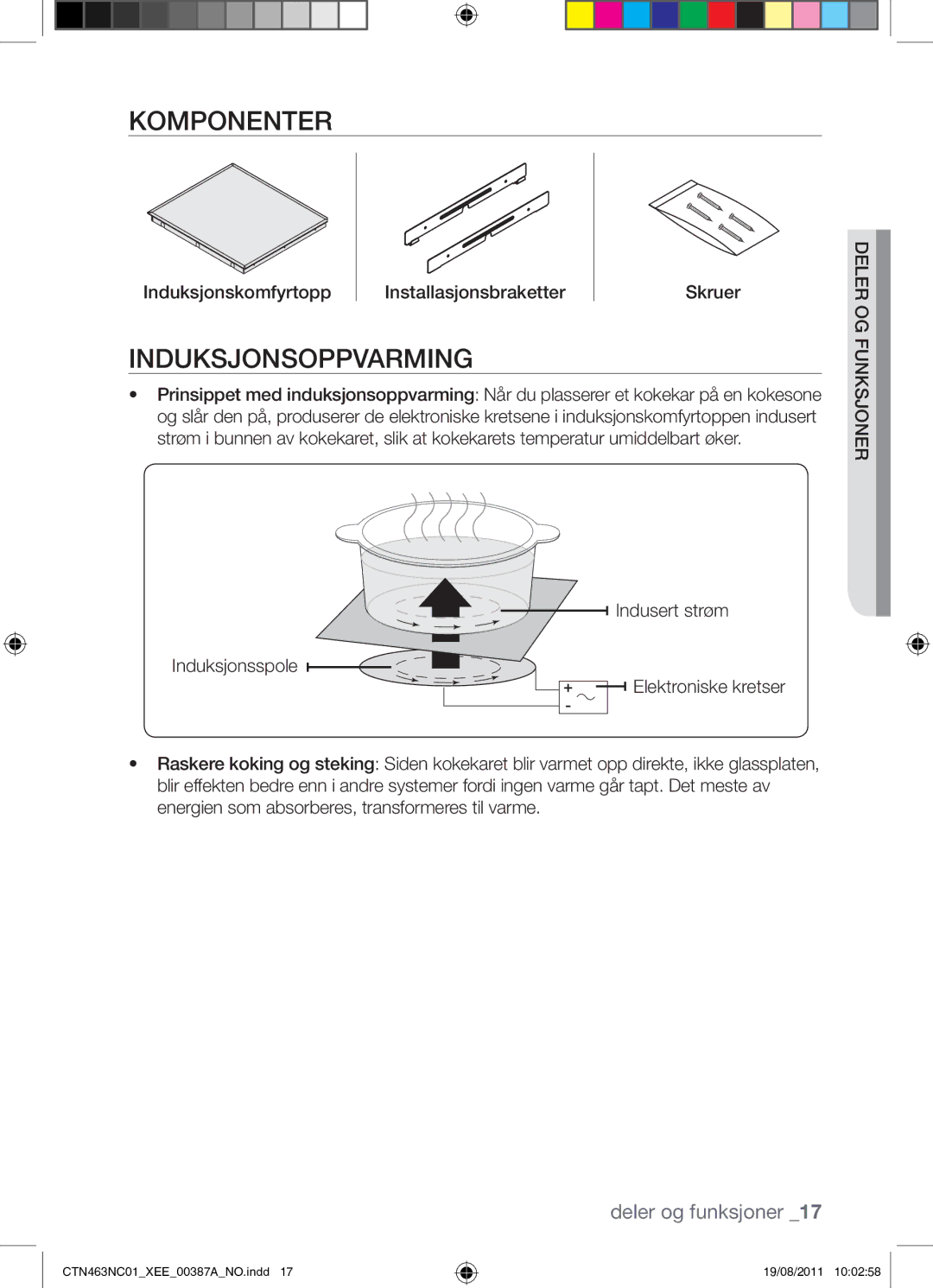 Samsung CTN463NC01/XEE manual Induksjonsoppvarming, Induksjonskomfyrtopp Installasjonsbraketter Skruer 