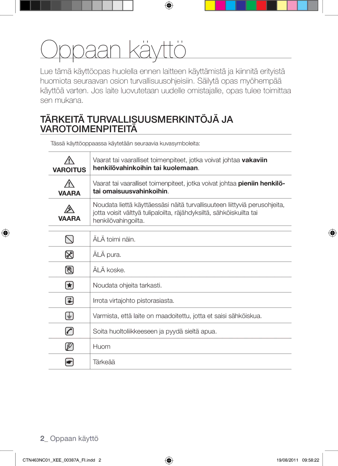 Samsung CTN463NC01/XEE manual Oppaan käyttö, Tärkeitä Turvallisuusmerkintöjä JA Varotoimenpiteitä, Tai omaisuusvahinkoihin 