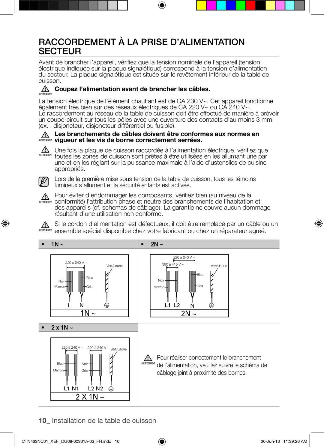 Samsung CTN463NC01/XEF Raccordement À LA Prise D’ALIMENTATION Secteur, 2N ~, 1N ~, Câblage joint à proximité des bornes 