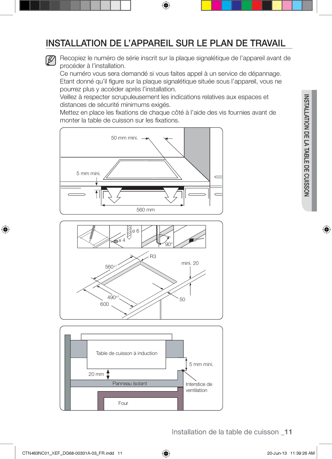 Samsung CTN463NC01/XEF manual Installation DE L’APPAREIL SUR LE Plan DE Travail 