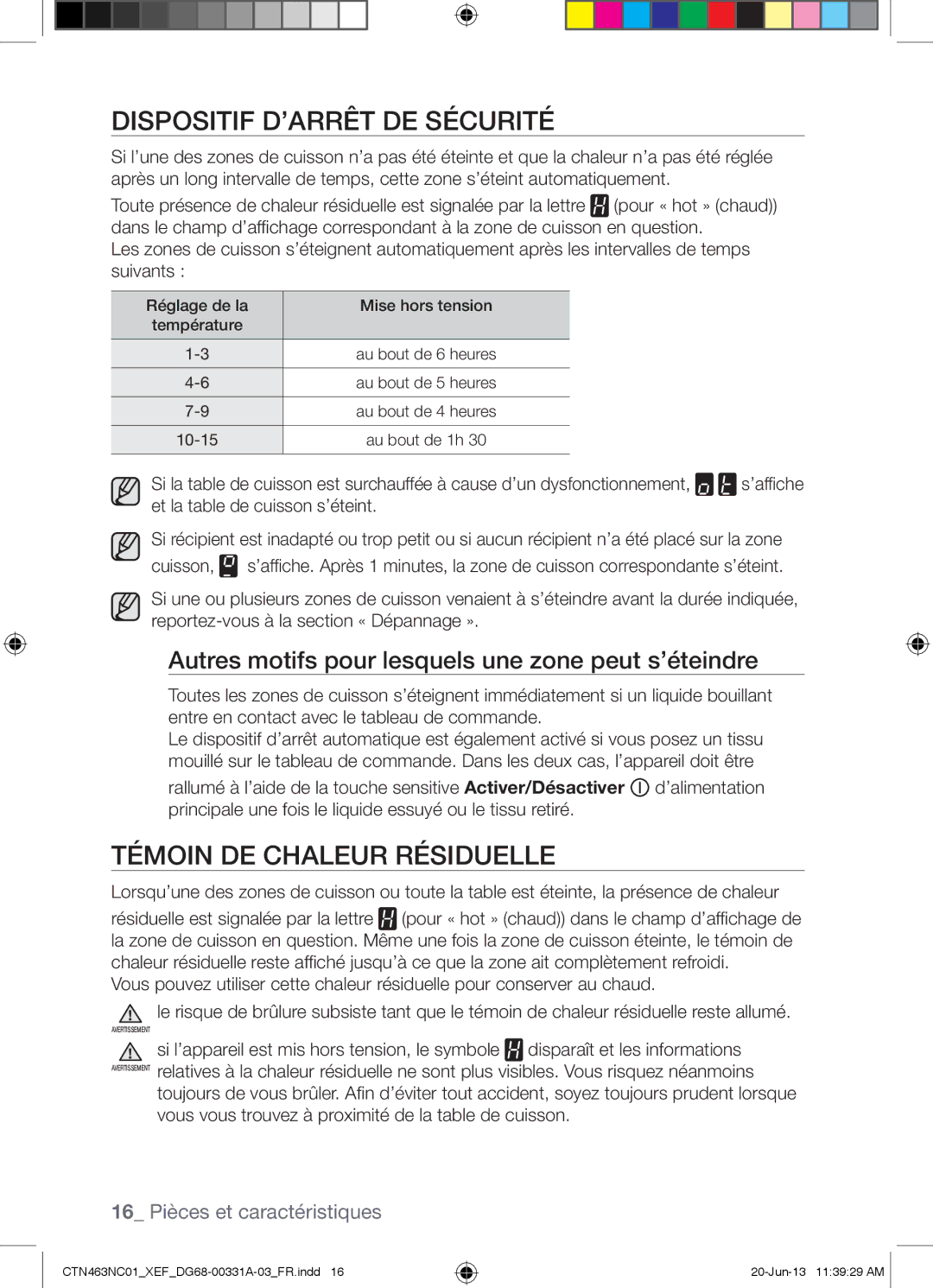 Samsung CTN463NC01/XEF manual Dispositif D’ARRÊT DE Sécurité, Témoin DE Chaleur Résiduelle 