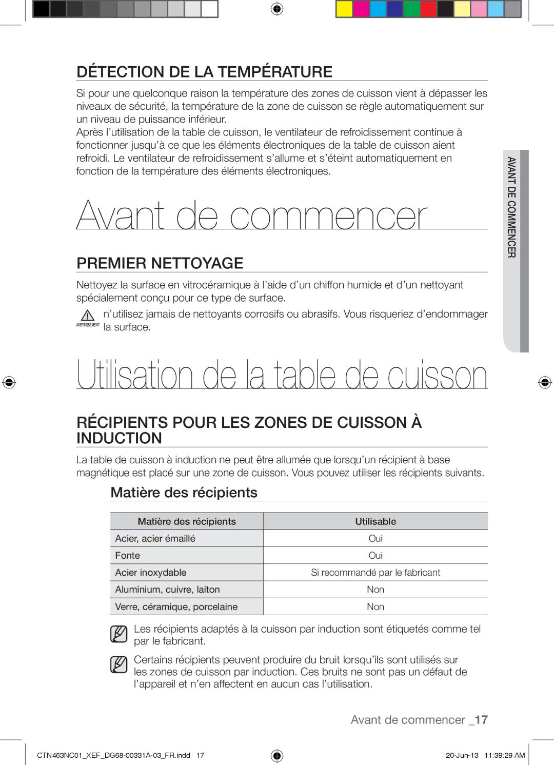 Samsung CTN463NC01/XEF manual Avant de commencer, Détection DE LA Température, Premier Nettoyage, Matière des récipients 