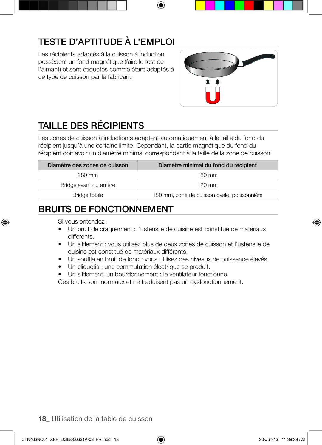 Samsung CTN463NC01/XEF manual Teste D’APTITUDE À L’EMPLOI, Taille DES Récipients, Bruits DE Fonctionnement 