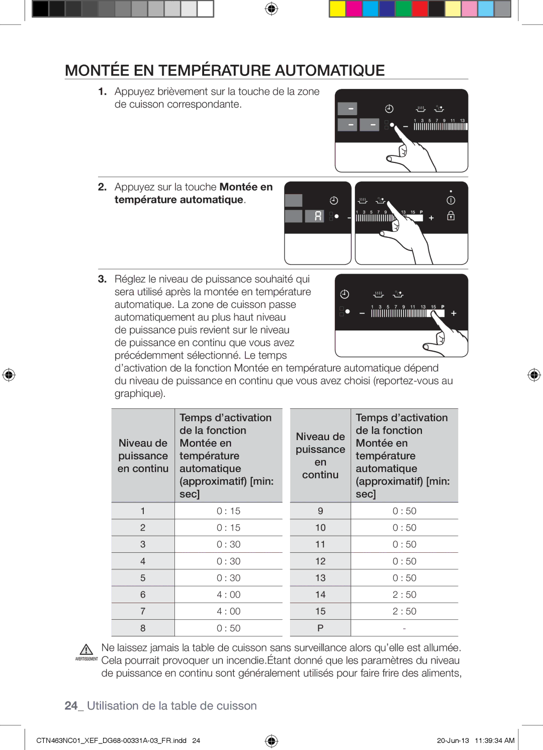 Samsung CTN463NC01/XEF Montée EN Température Automatique, Réglez le niveau de puissance souhaité qui, Montée en, Continu 