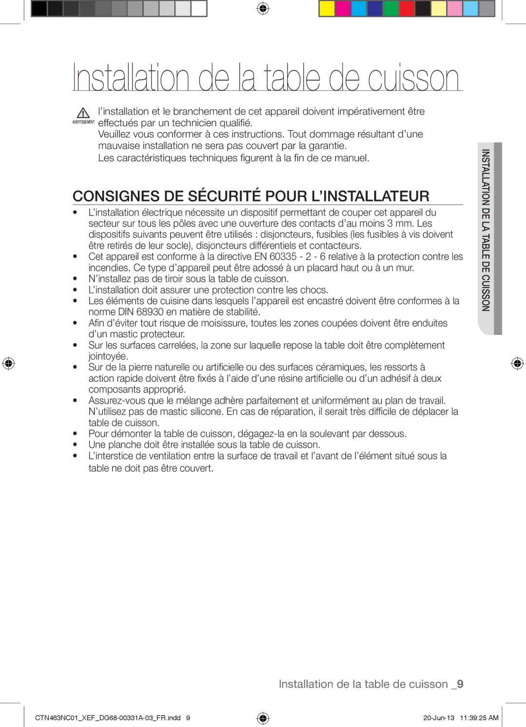 Samsung CTN463NC01/XEF manual Installation de la table de cuisson, Consignes DE Sécurité Pour L’INSTALLATEUR 