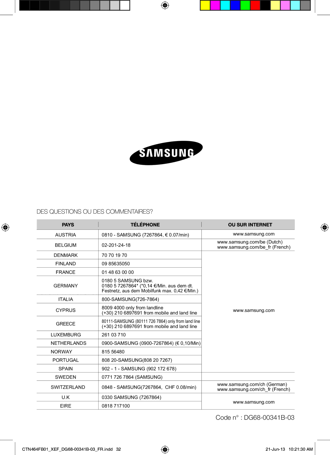 Samsung CTN464FB01/XEF manual Code n DG68-00341B-03, Germany 