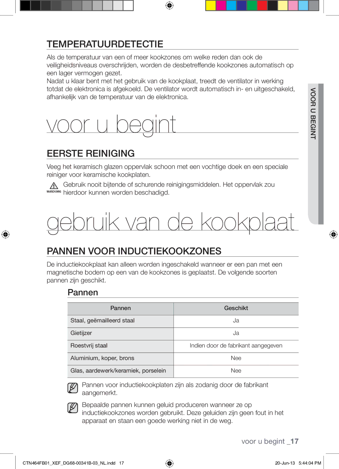 Samsung CTN464FB01/XEF manual Voor u begint, Temperatuurdetectie, Eerste Reiniging, Pannen Voor Inductiekookzones 