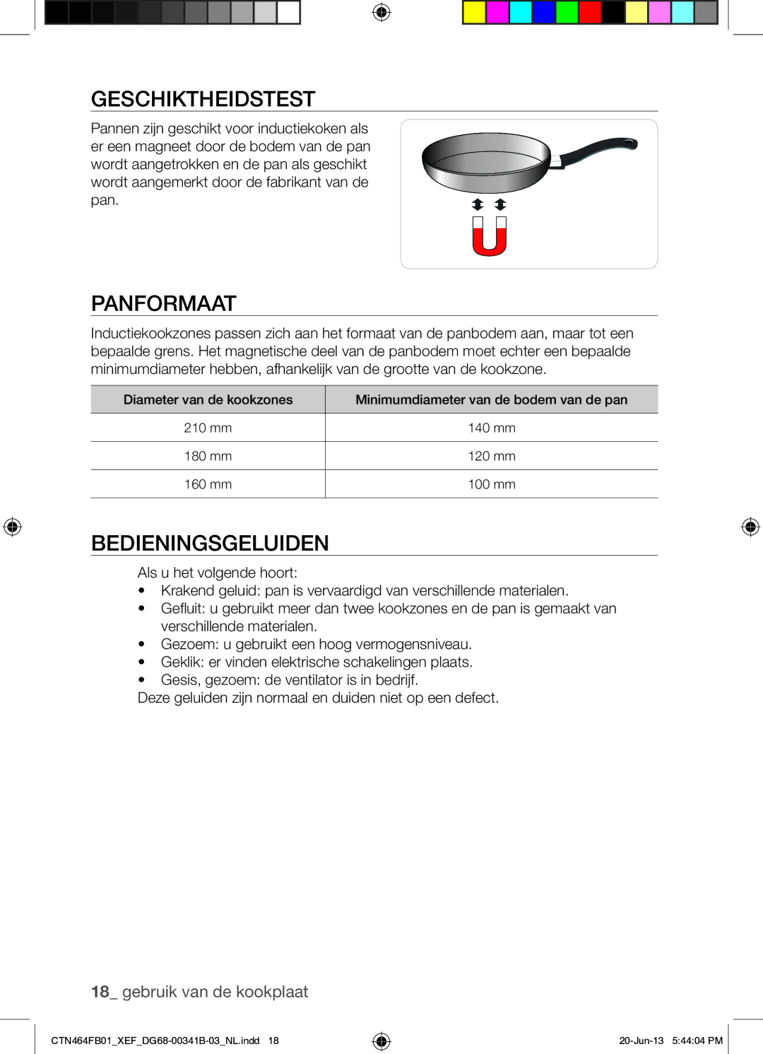 Samsung CTN464FB01/XEF manual Geschiktheidstest, Panformaat, Bedieningsgeluiden 