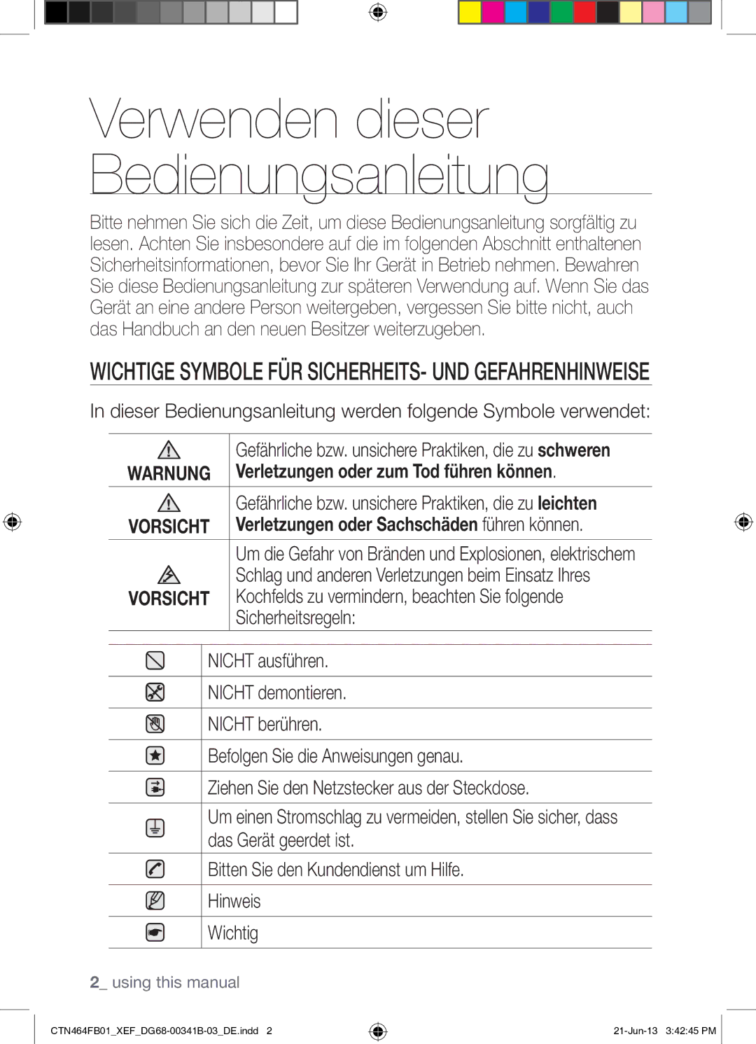 Samsung CTN464FB01/XEF manual Wichtige Symbole FÜR SICHERHEITS- UND Gefahrenhinweise 