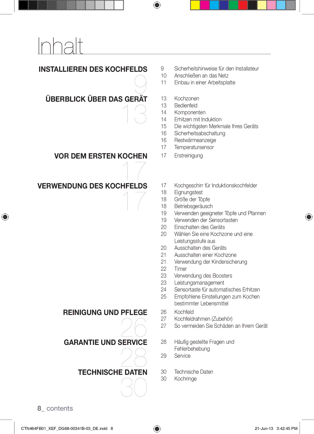 Samsung CTN464FB01/XEF manual Inhalt, Reinigung UND Pflege Garantie UND Service Technische Daten 