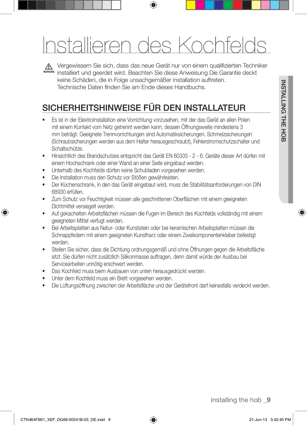 Samsung CTN464FB01/XEF manual Sicherheitshinweise FÜR DEN Installateur, 68930 erfüllen, Dichtmittel versiegelt werden 