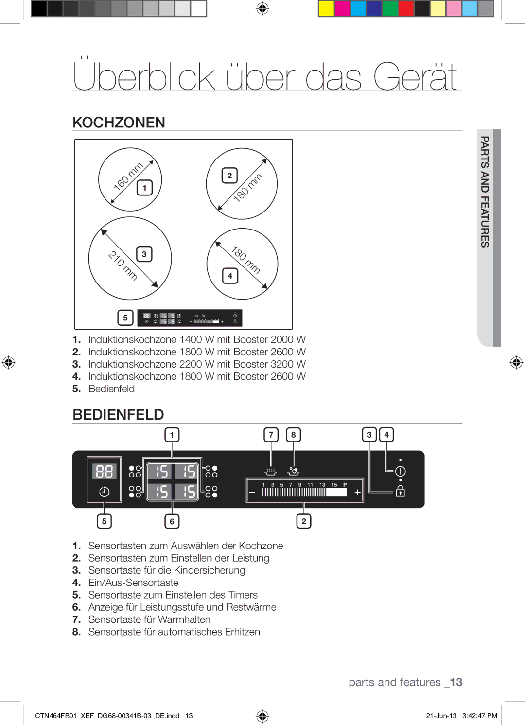 Samsung CTN464FB01/XEF manual Kochzonen, Bedienfeld 