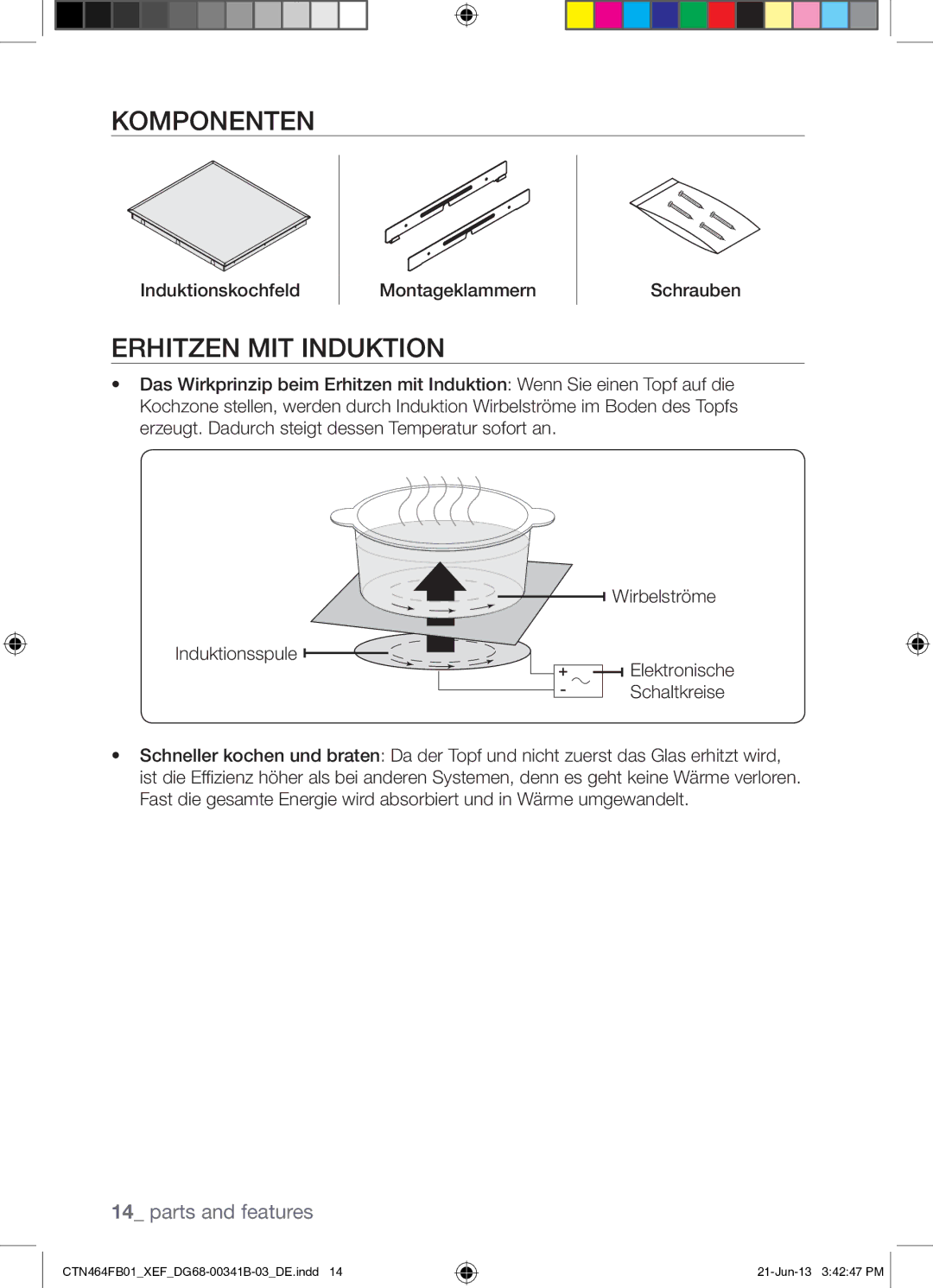 Samsung CTN464FB01/XEF manual Komponenten, Erhitzen MIT Induktion, Induktionskochfeld Montageklammern Schrauben 