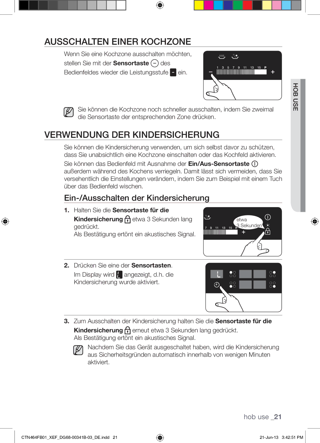 Samsung CTN464FB01/XEF Ausschalten Einer Kochzone, Verwendung DER Kindersicherung, Ein-/Ausschalten der Kindersicherung 