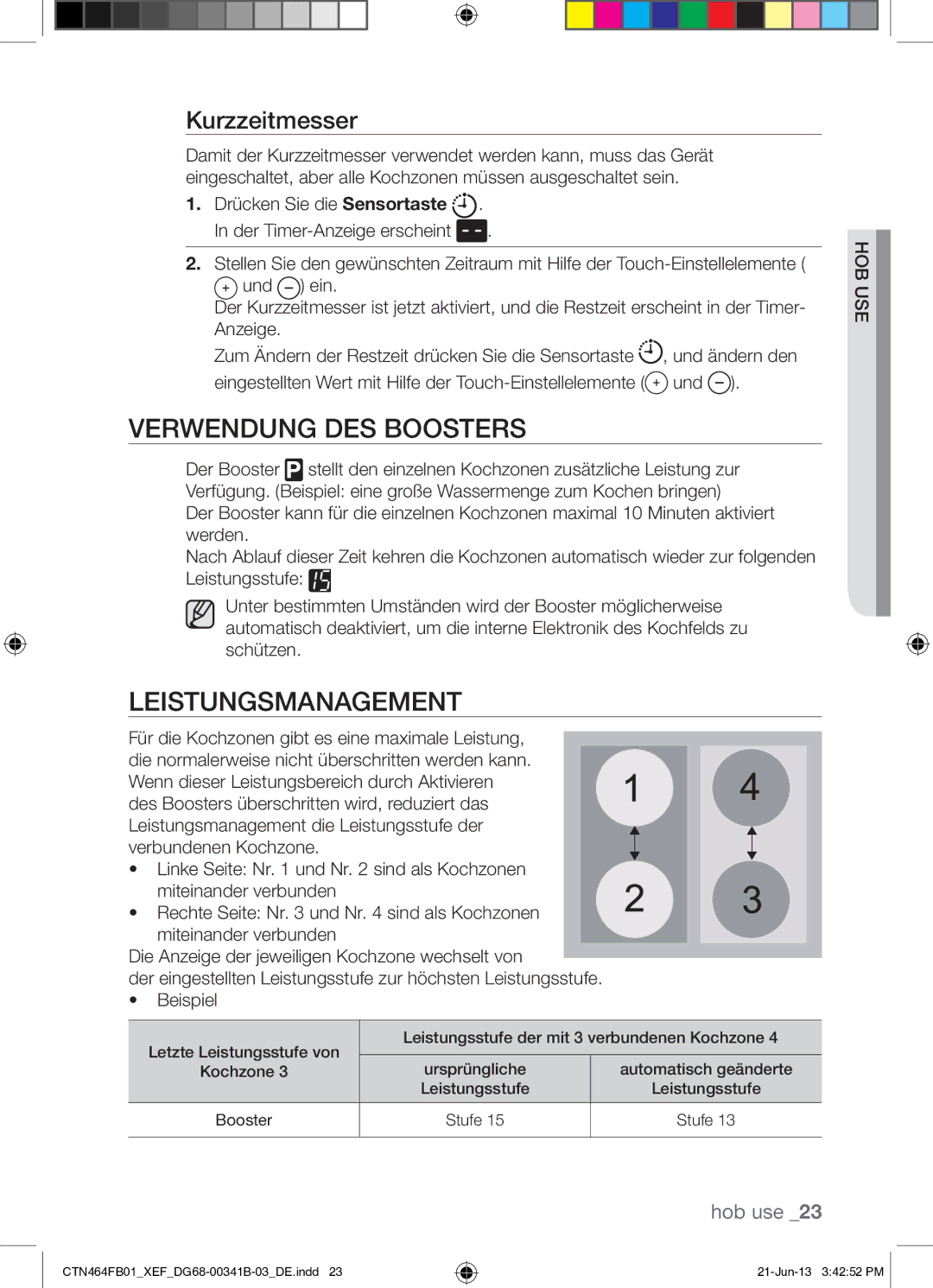 Samsung CTN464FB01/XEF manual Verwendung DES Boosters, Leistungsmanagement, Kurzzeitmesser 