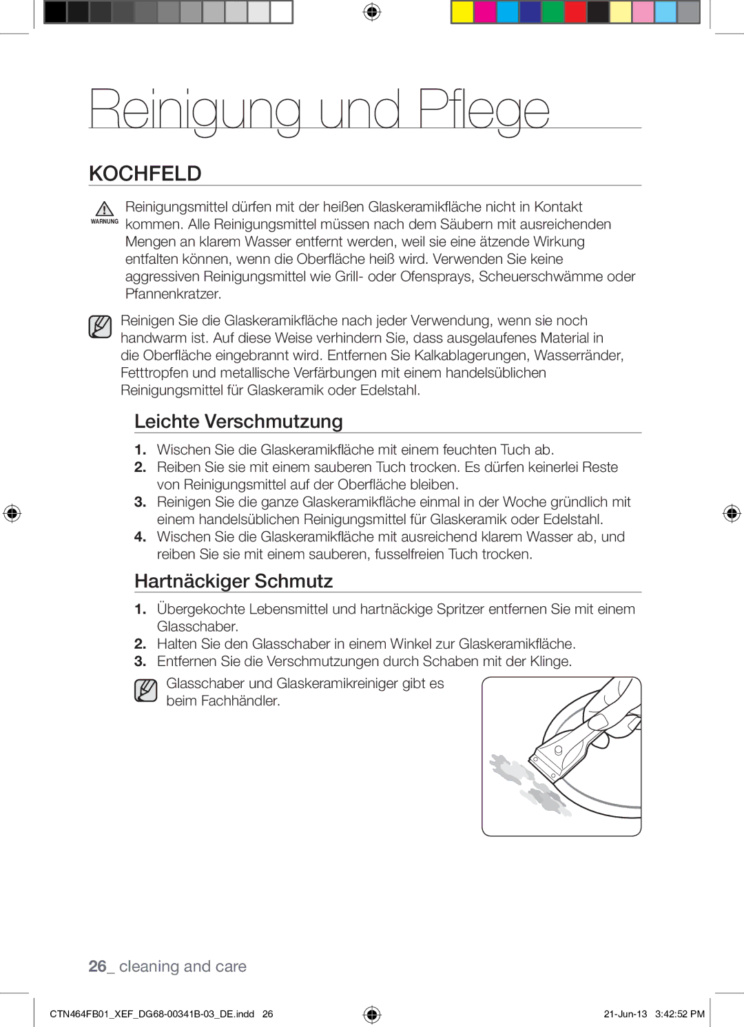 Samsung CTN464FB01/XEF manual Reinigung und Pflege, Kochfeld, Leichte Verschmutzung, Hartnäckiger Schmutz 