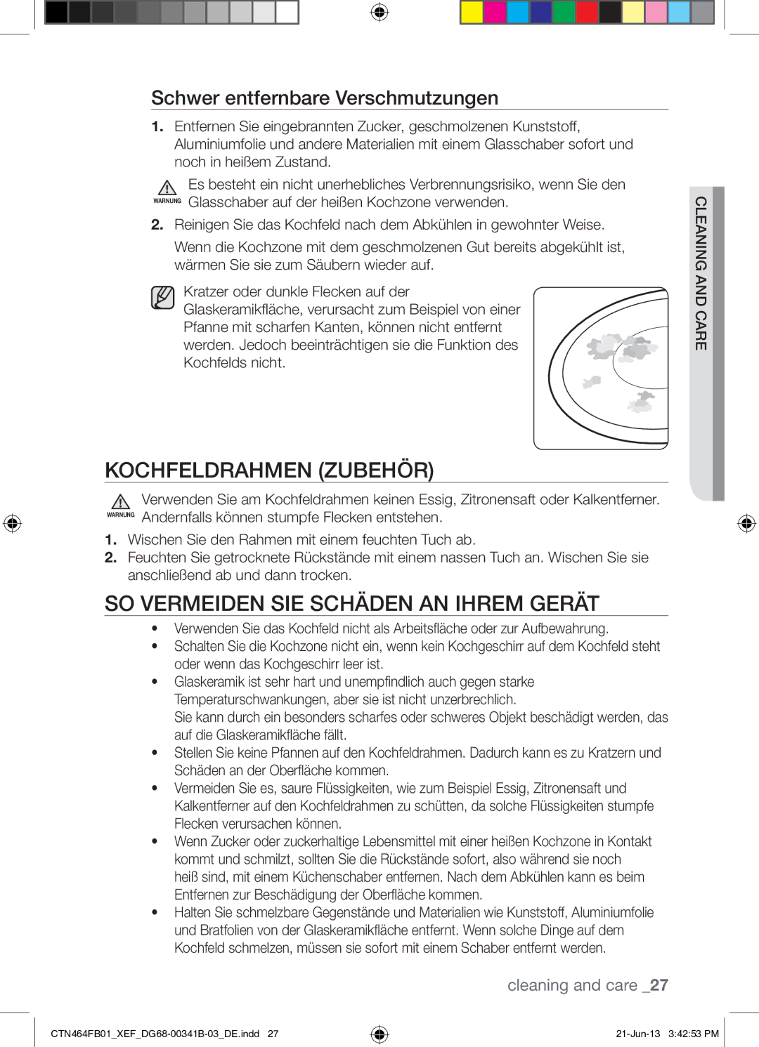 Samsung CTN464FB01/XEF manual Schwer entfernbare Verschmutzungen, Kochfeldrahmen Zubehör 