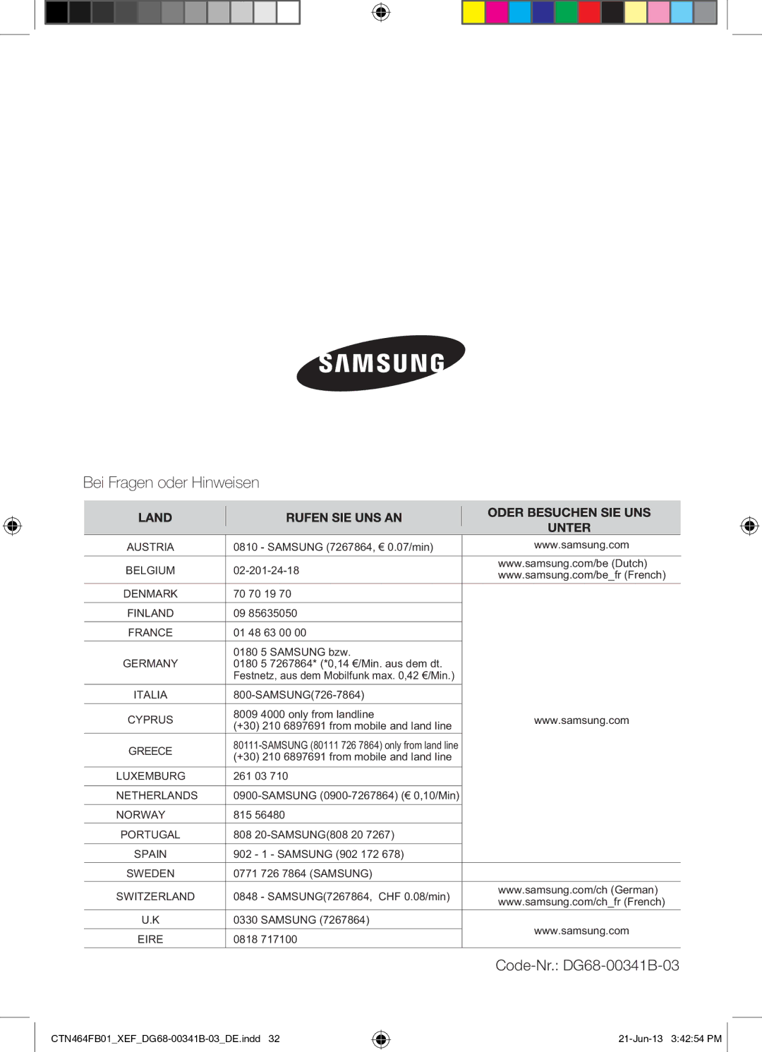 Samsung CTN464FB01/XEF manual Bei Fragen oder Hinweisen 