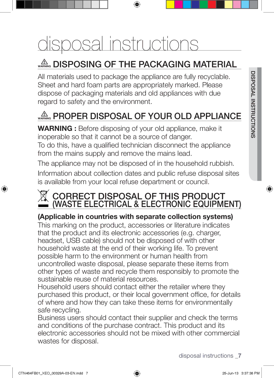 Samsung CTN464FB01/XEO manual Disposal instructions, Instructionsdisposal 