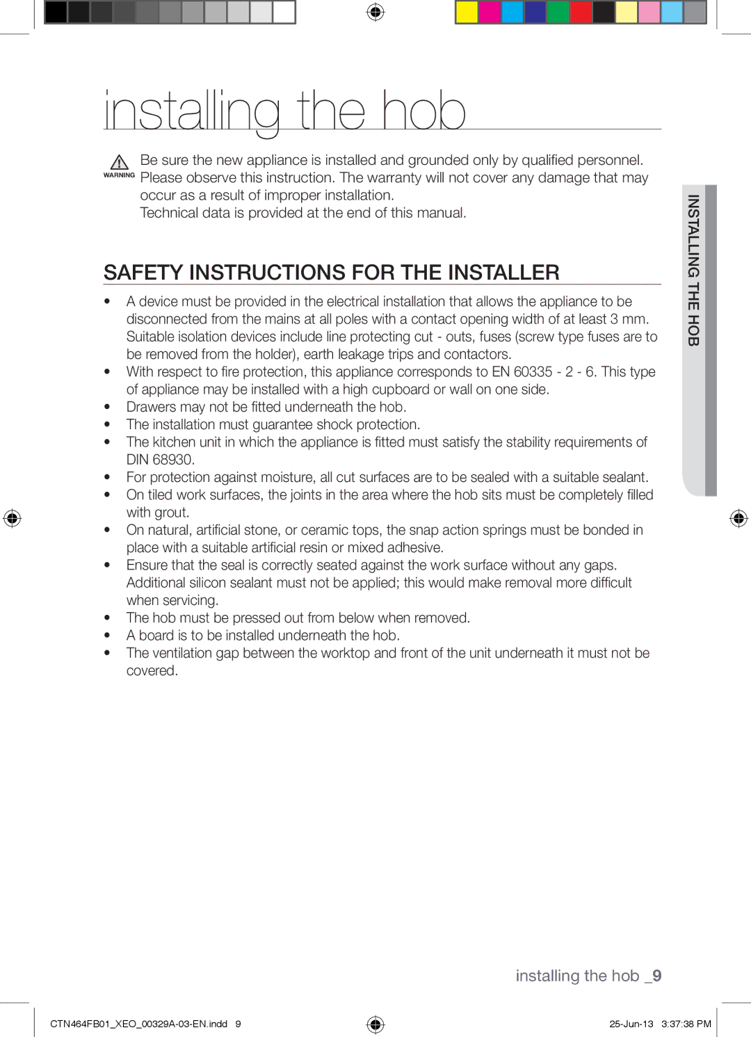 Samsung CTN464FB01/XEO manual Installing the hob, Safety Instructions for the Installer 