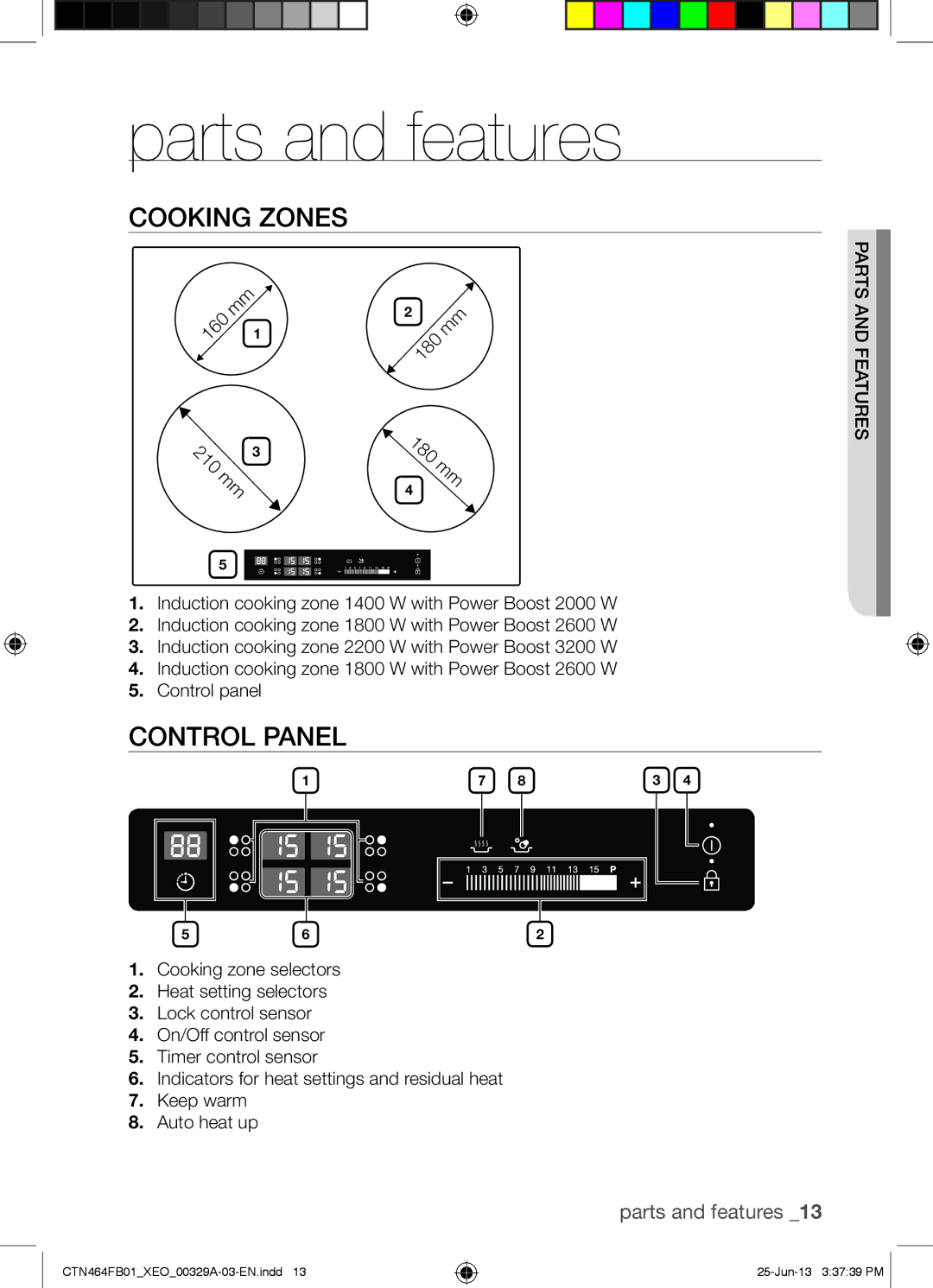 Samsung CTN464FB01/XEO manual Parts and features, Cooking Zones, Control Panel 