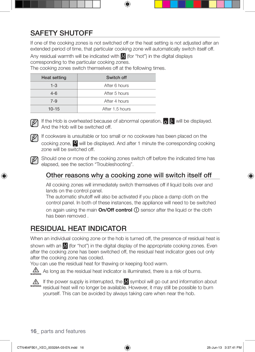 Samsung CTN464FB01/XEO Safety Shutoff, Residual Heat Indicator, Other reasons why a cooking zone will switch itself off 