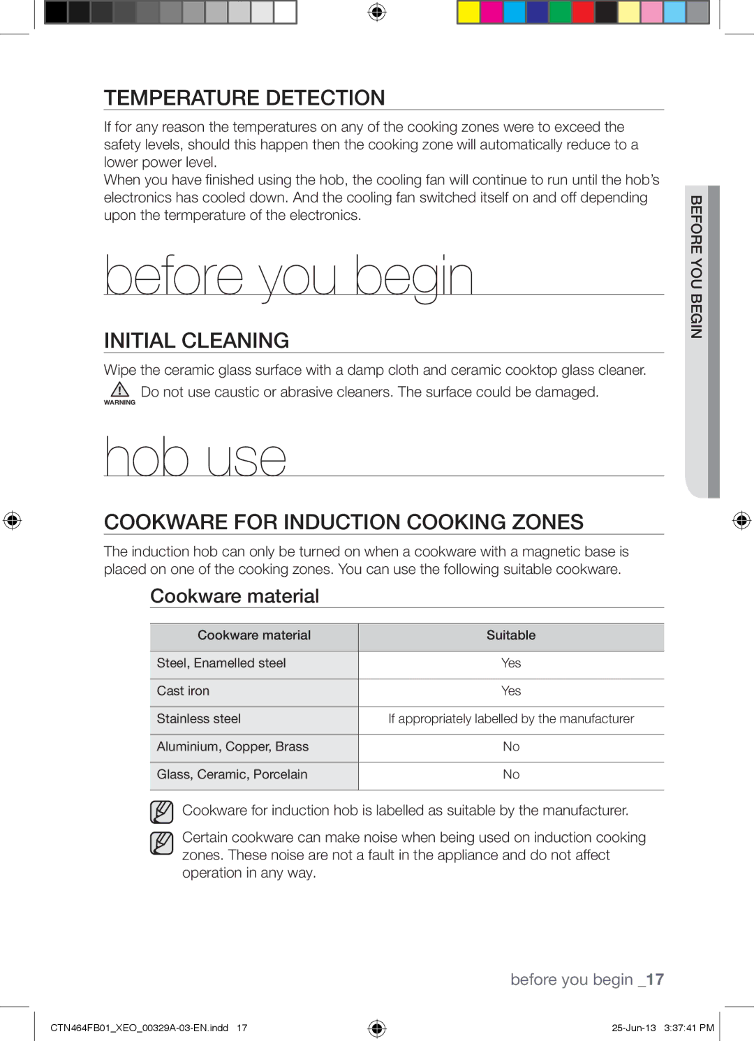 Samsung CTN464FB01/XEO manual Before you begin, Hob use, Temperature Detection, Initial Cleaning 