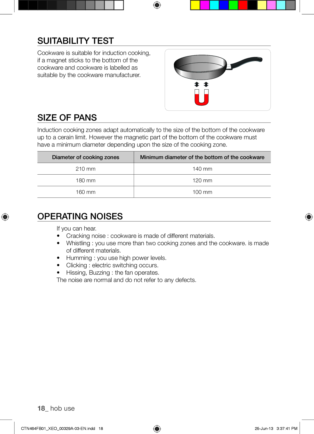 Samsung CTN464FB01/XEO manual Suitability Test, Size of Pans, Operating Noises 