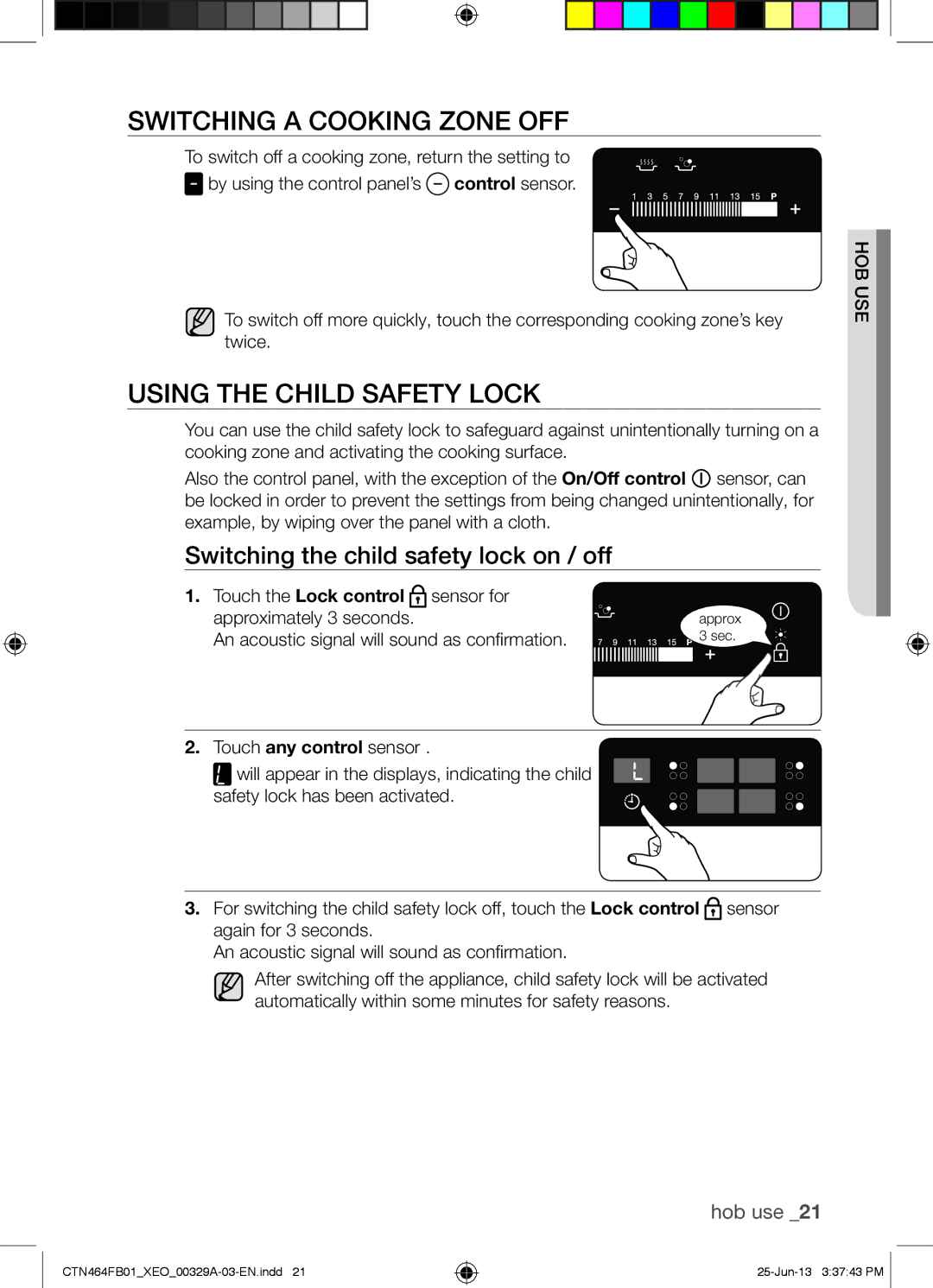 Samsung CTN464FB01/XEO Switching a Cooking Zone OFF, Using the Child Safety Lock, Switching the child safety lock on / off 