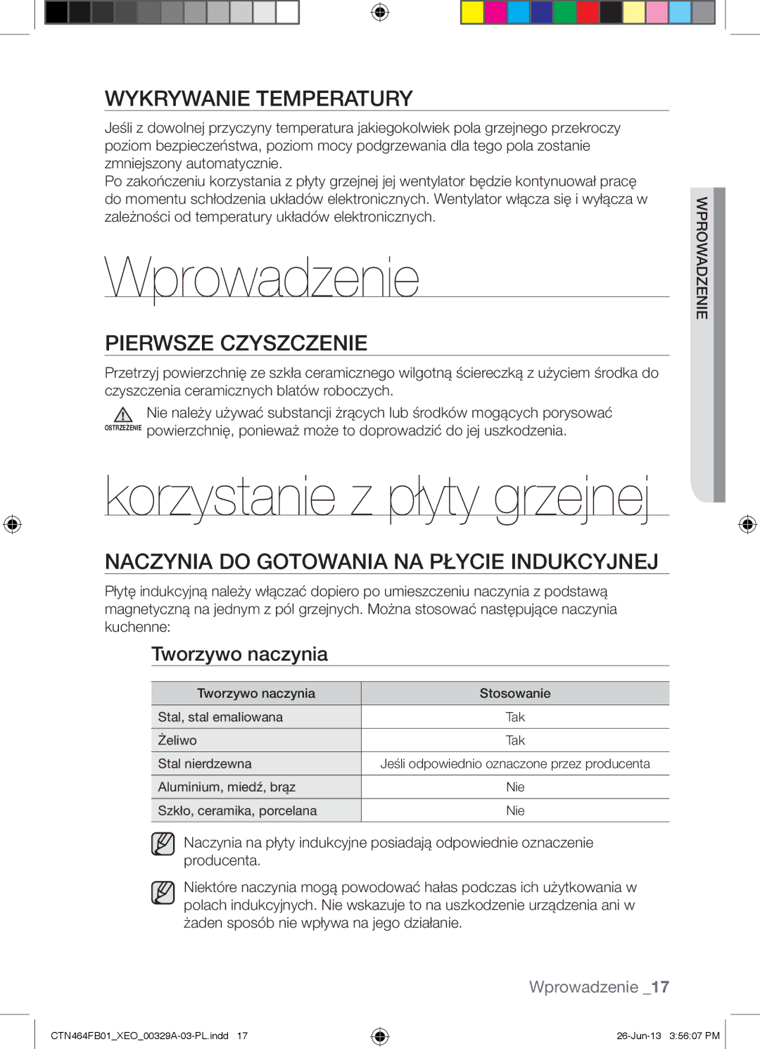 Samsung CTN464FB01/XEO manual Wprowadzenie, Wykrywanie Temperatury, Pierwsze Czyszczenie, Tworzywo naczynia 