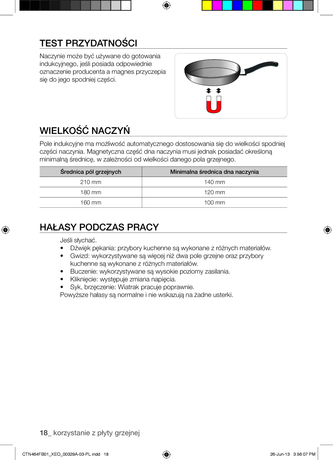 Samsung CTN464FB01/XEO manual Test Przydatności, Wielkość Naczyń, Hałasy Podczas Pracy 