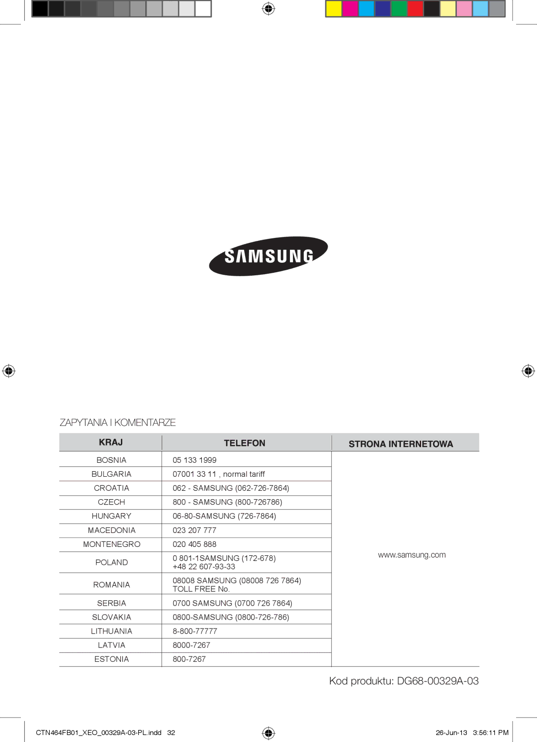 Samsung CTN464FB01/XEO manual Kod produktu DG68-00329A-03 