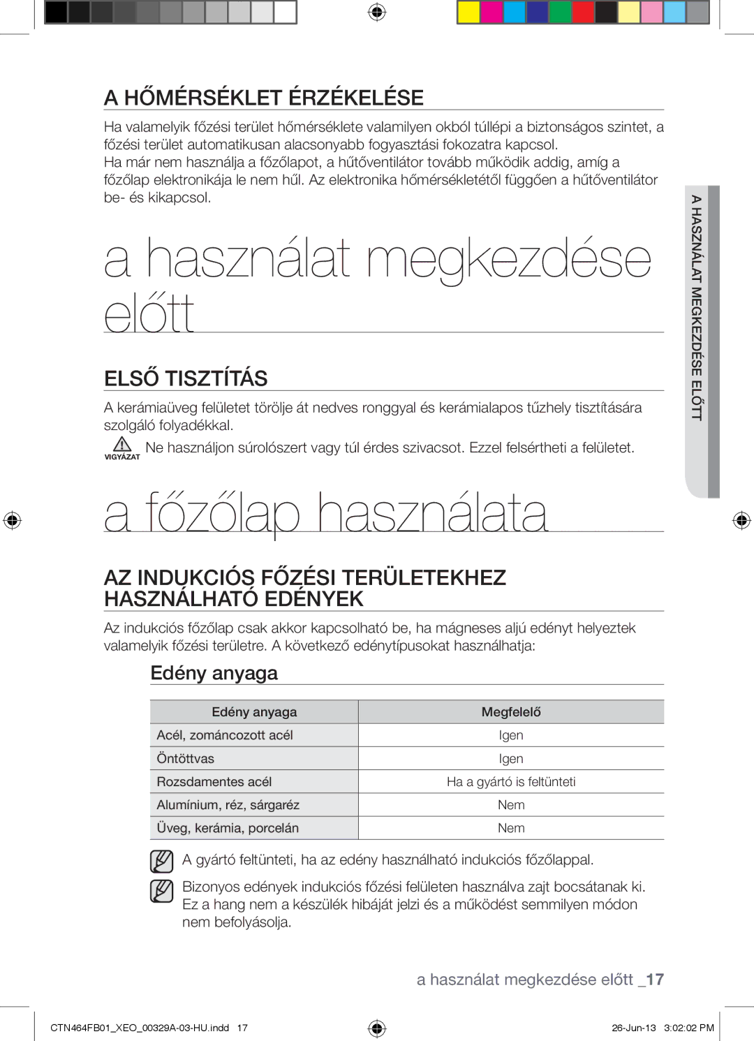 Samsung CTN464FB01/XEO manual Használat megkezdése előtt, Főzőlap használata, Hőmérséklet Érzékelése, Első Tisztítás 