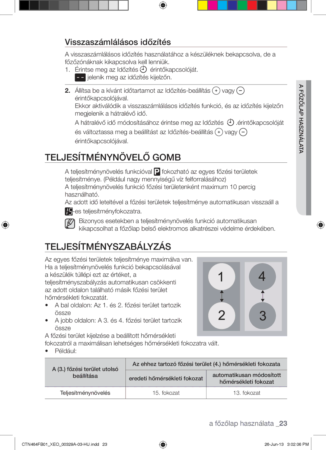 Samsung CTN464FB01/XEO manual Teljesítménynövelő Gomb, Teljesítményszabályzás, Visszaszámlálásos időzítés 