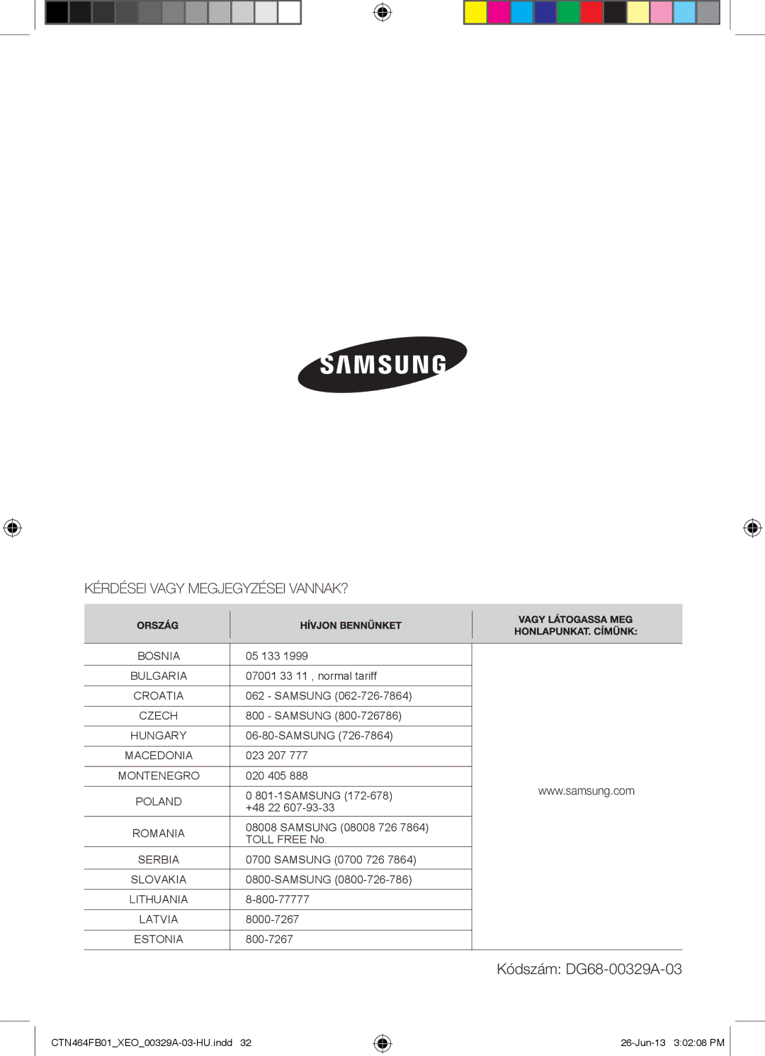 Samsung CTN464FB01/XEO manual Kódszám DG68-00329A-03 