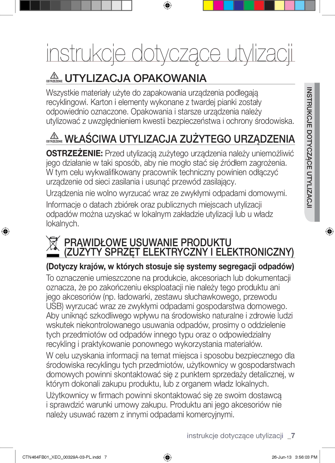 Samsung CTN464FB01/XEO manual Instrukcje dotyczące utylizacji, Ejdotyczkcu instr 