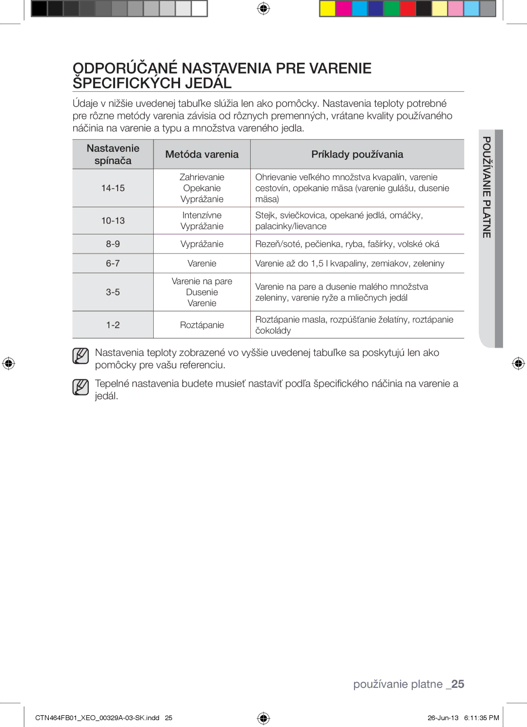 Samsung CTN464FB01/XEO manual Odporúčané Nastavenia PRE Varenie Špecifických Jedál 