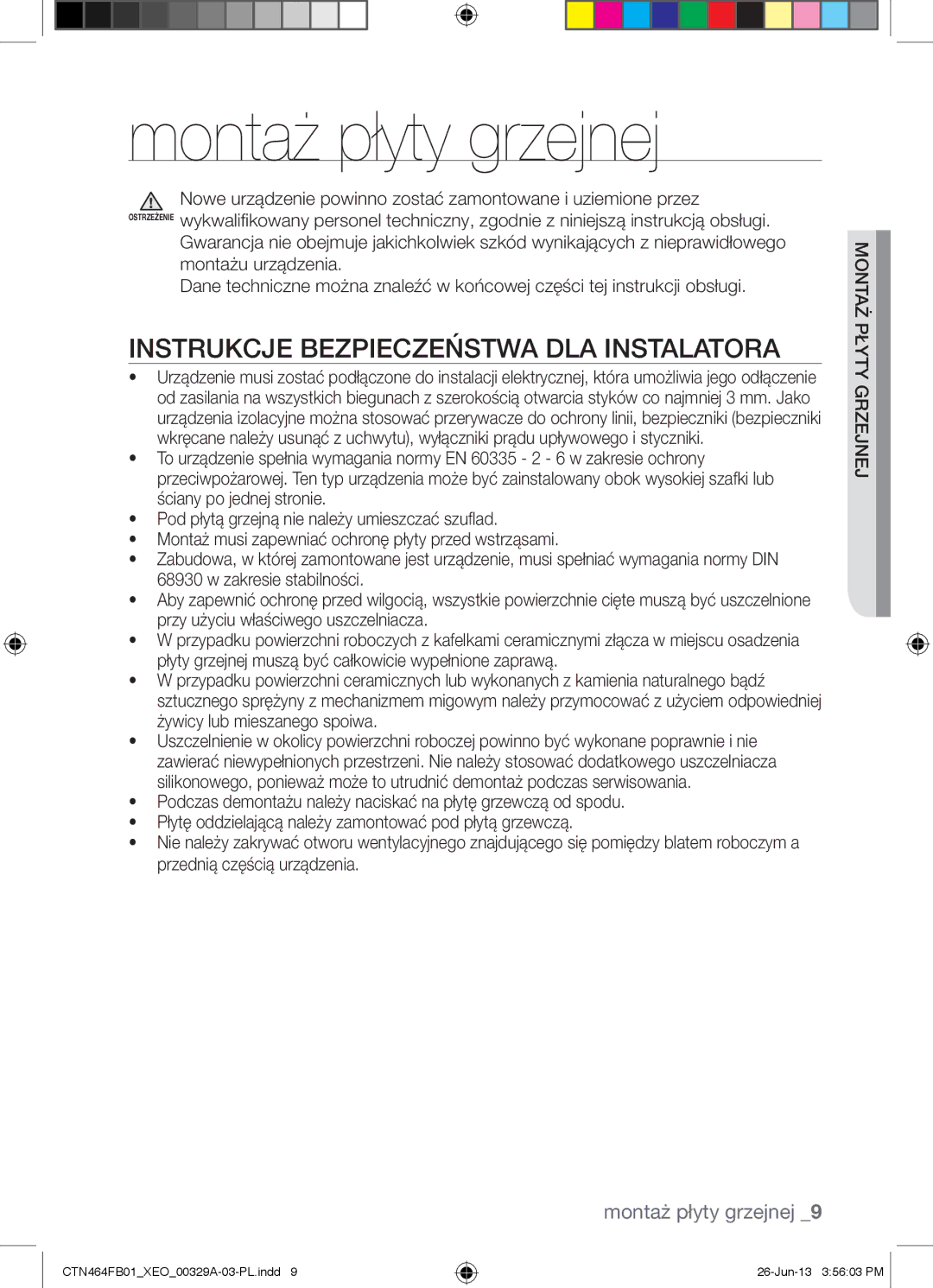 Samsung CTN464FB01/XEO manual Montaż płyty grzejnej, Instrukcje Bezpieczeństwa DLA Instalatora 