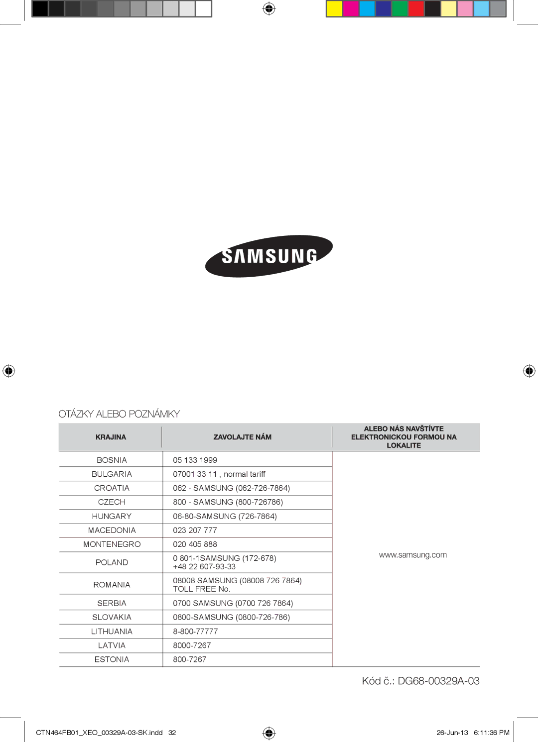 Samsung CTN464FB01/XEO manual Kód č. DG68-00329A-03 