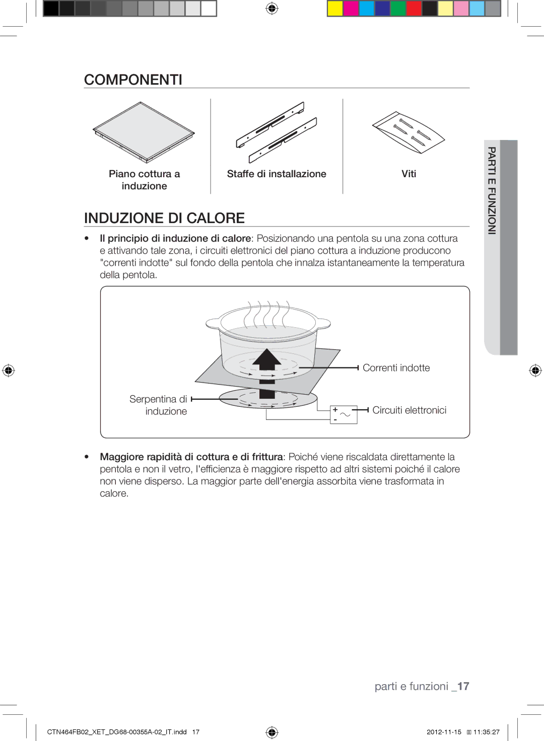 Samsung CTN464FB02/XET manual Componenti, Induzione DI Calore, Piano cottura a Staffe di installazione Viti Induzione 