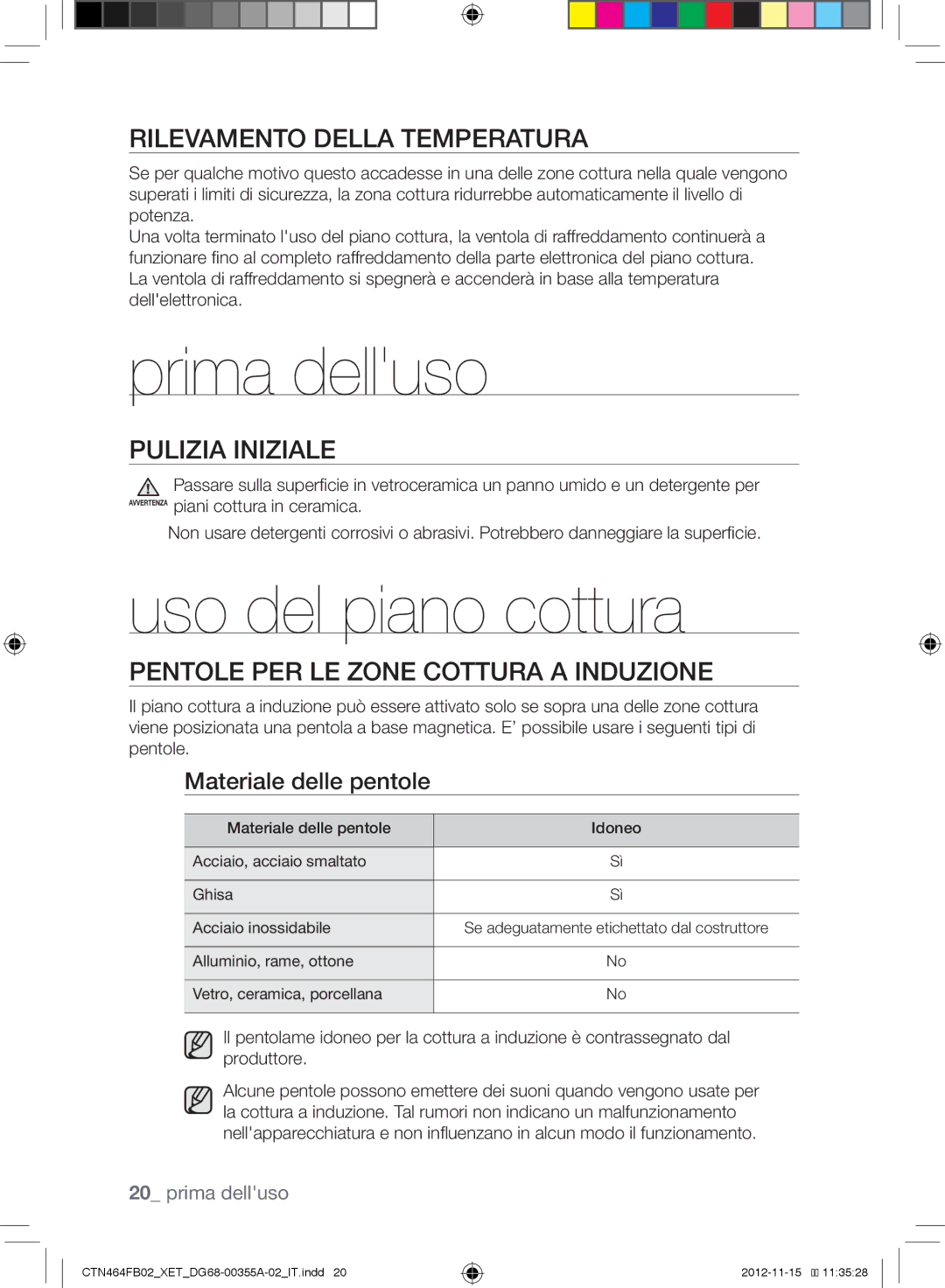 Samsung CTN464KB02/XET manual Prima delluso, Uso del piano cottura, Rilevamento Della Temperatura, Pulizia Iniziale 