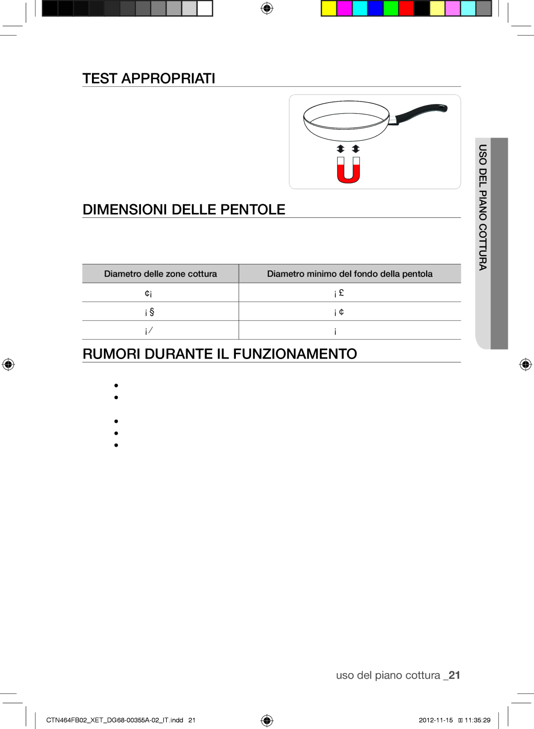 Samsung CTN464FB02/XET Test Appropriati, Dimensioni Delle Pentole, Rumori Durante IL Funzionamento, Cotturapianodel uso 