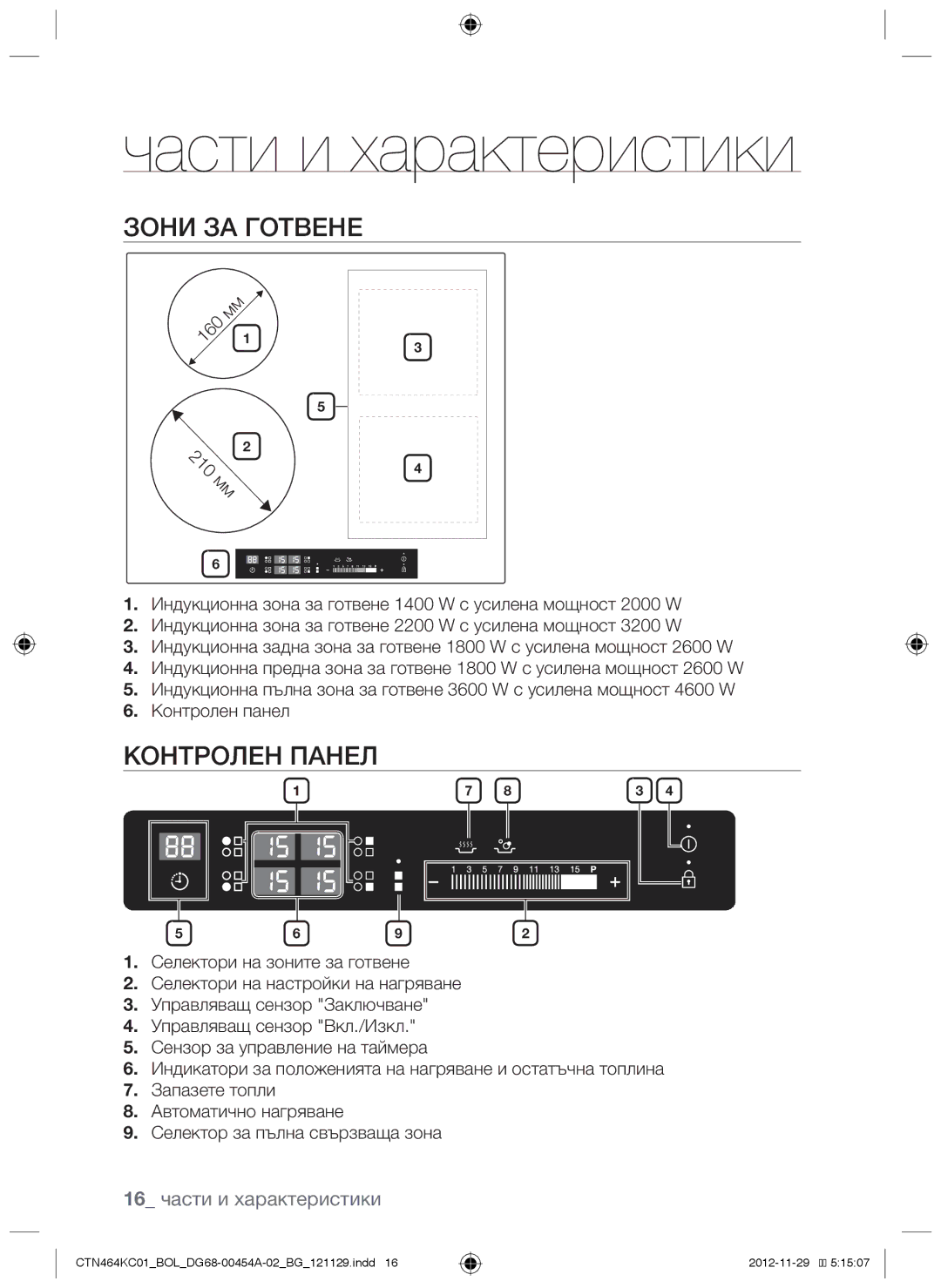 Samsung CTN464KC01/BOL manual Части и характеристики, Зони за готвене, Контролен панел 