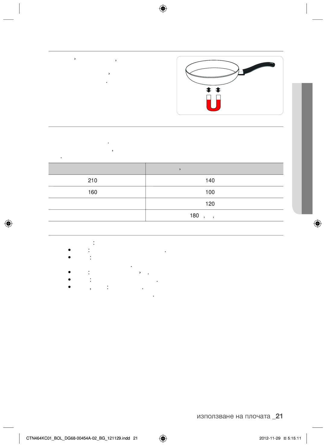 Samsung CTN464KC01/BOL manual Тест за годност, Размери тигани, Работни шумове, Ване на плочатаизполз 