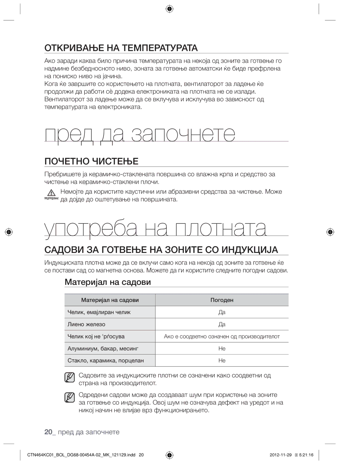 Samsung CTN464KC01/BOL manual Пред да започнете, Употреба на плотната, Откривање на температурата, Почетно чистење 