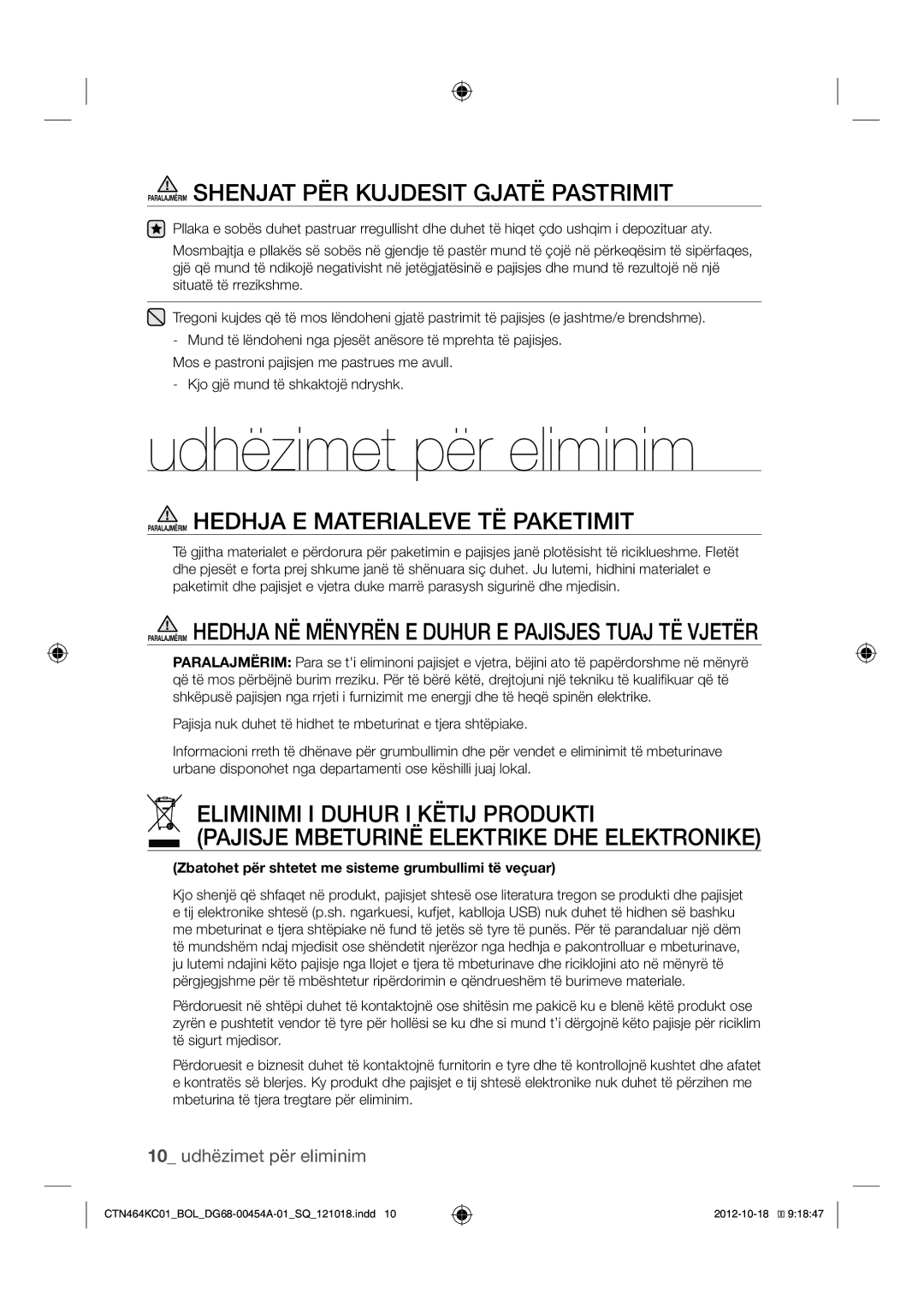 Samsung CTN464KC01/BOL manual Udhëzimet për eliminim, Paralajmërim Shenjat PËR Kujdesit Gjatë Pastrimit 