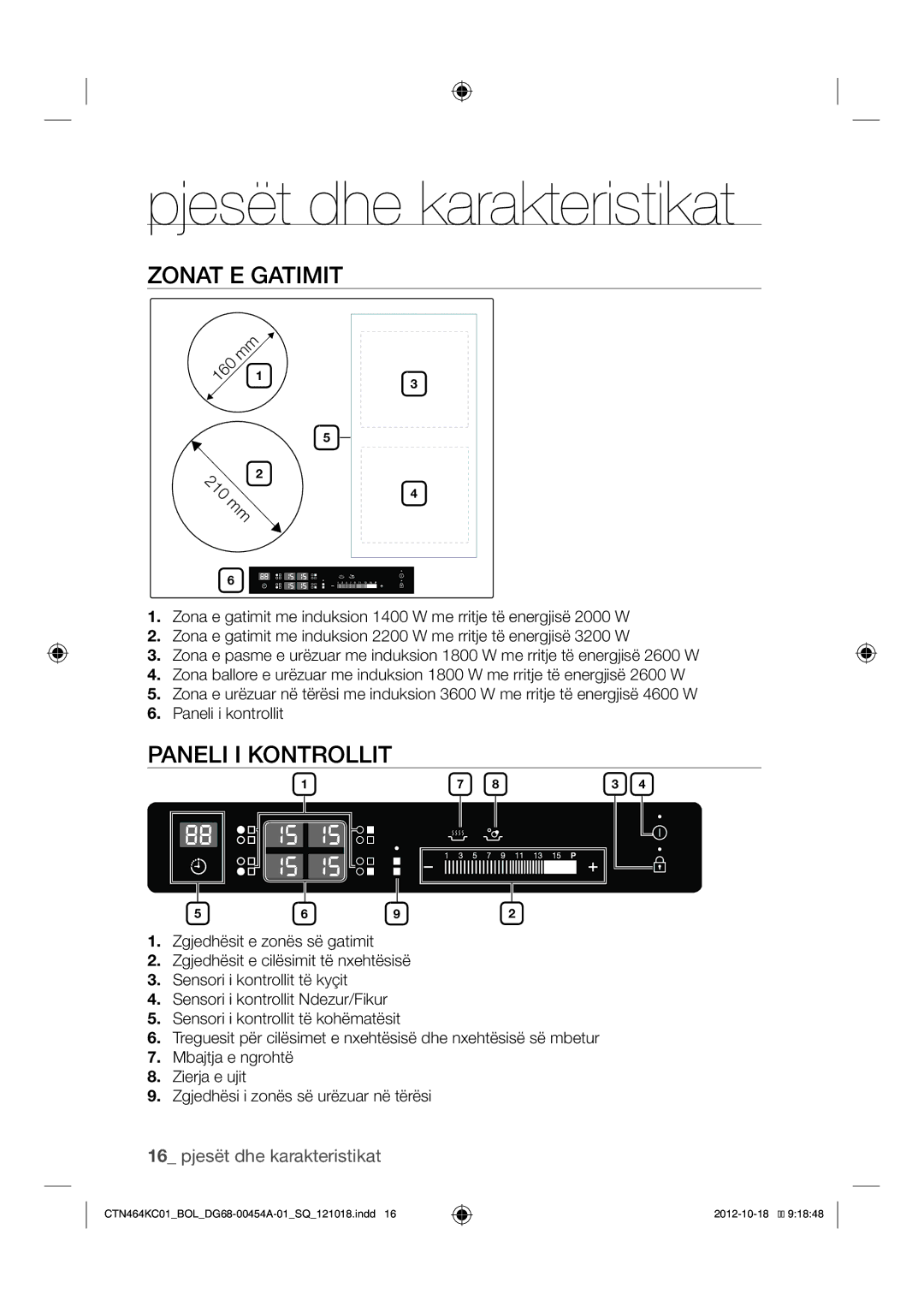 Samsung CTN464KC01/BOL manual Pjesët dhe karakteristikat, Zonat E Gatimit, Paneli I Kontrollit 