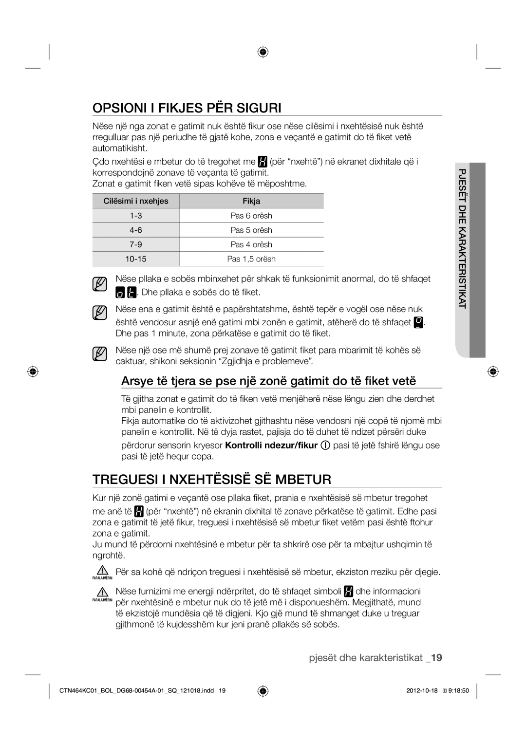 Samsung CTN464KC01/BOL manual Opsioni I Fikjes PËR Siguri, Treguesi I Nxehtësisë SË Mbetur 