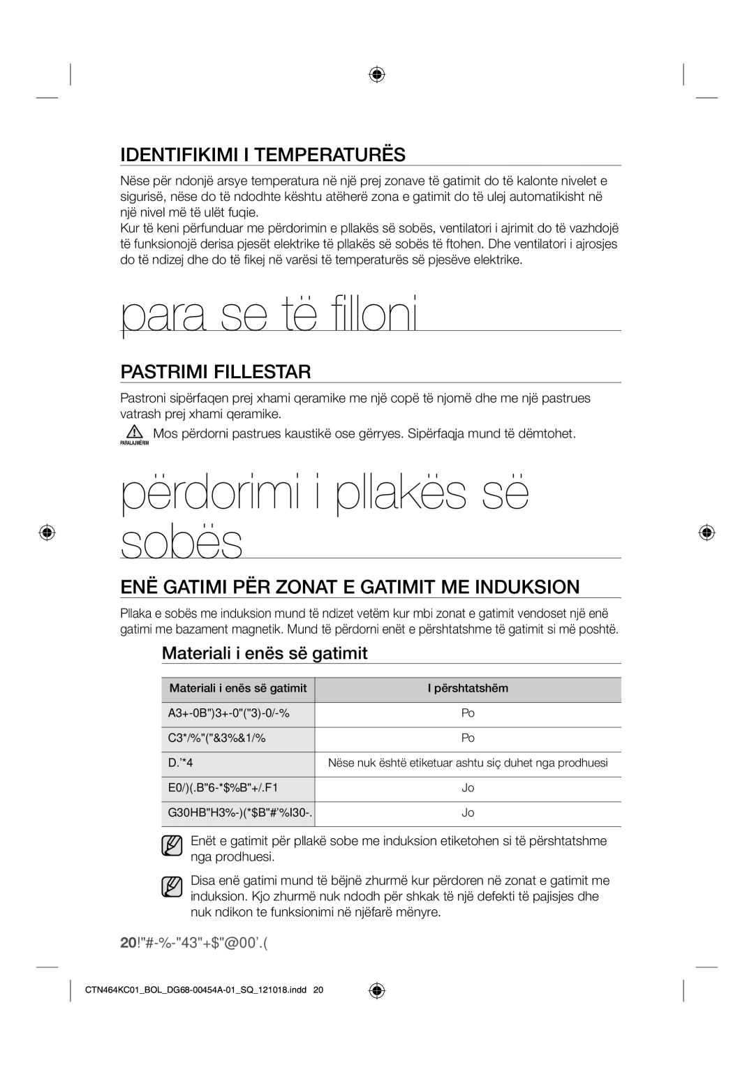 Samsung CTN464KC01/BOL Para se të ﬁlloni, Përdorimi i pllakës së sobës, Identifikimi I Temperaturës, Pastrimi Fillestar 